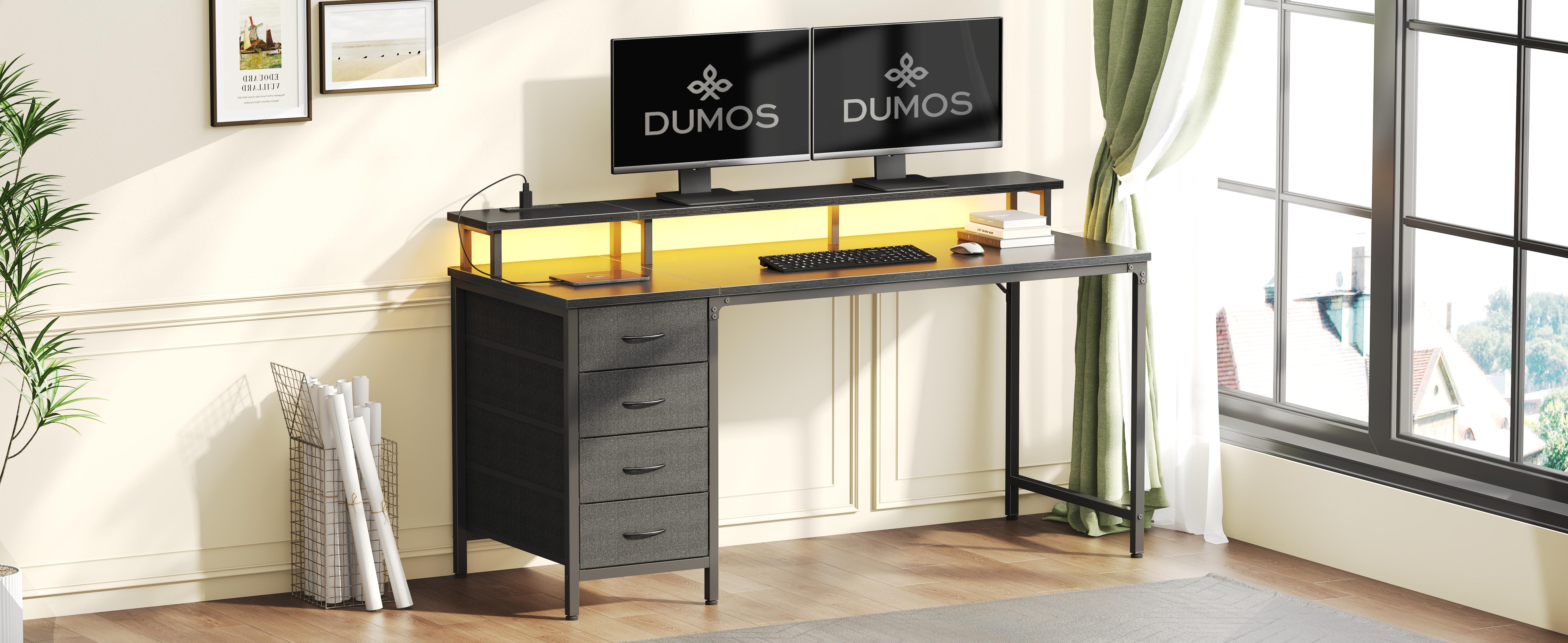 Computer Desk with Power Outlets and LED Lights, Gaming Desk with 4 Drawers, Office Desk with Monitor Stand, Study Work Home Office, Small Spaces, Black