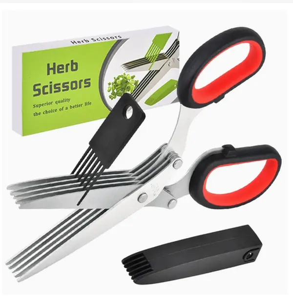 5-Blade Stainless Steel Herb Scissors, Multipurpose Kitchen Shears with Cleaning Comb & Protective Cover for Herbs, Green Onion