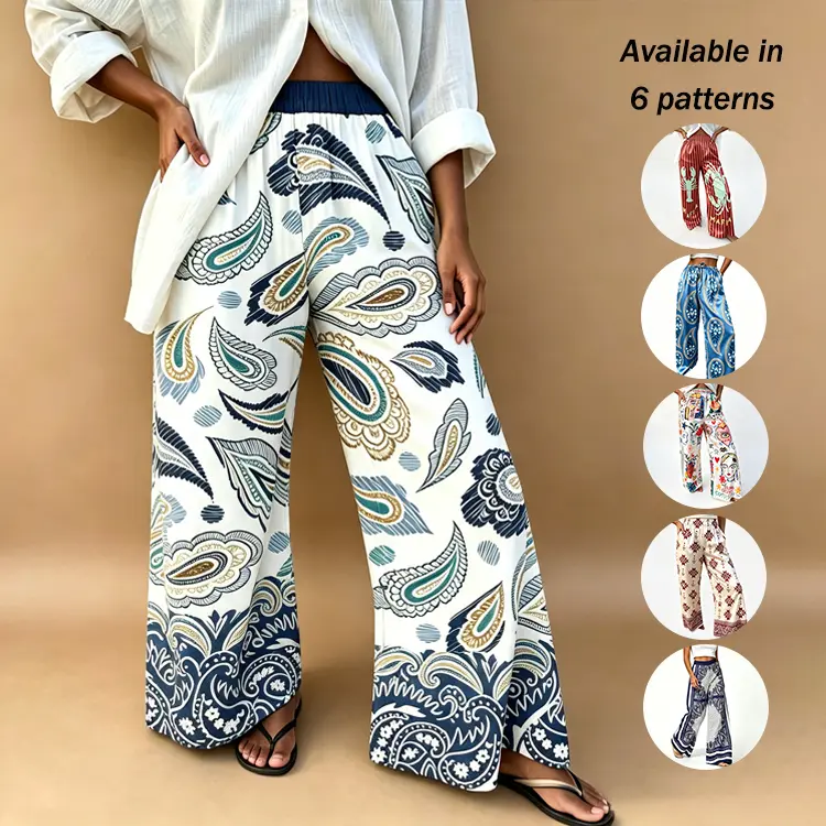 Women's Wide-Leg Pants in a Bohemian Paisley Print, Exotic Satin Bottoms with an Elastic High Waist and Pockets for Everyday Wear, Piece, Aesthetics, Elegant, Soft, Retro