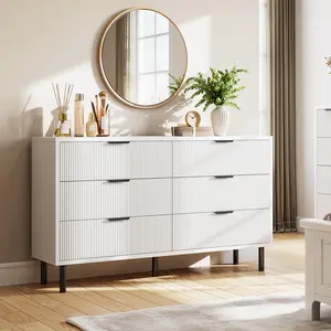 YJ-Garvee Modern 6 Drawer Dresser with Metal Legs and Handles, Featuring Wave and Fluted Designs, Anti-Tipping Safety, and Spacious Wood Storage Organizer for Bedroom, Living Room, Hallway in White, Natural Oak, or Black