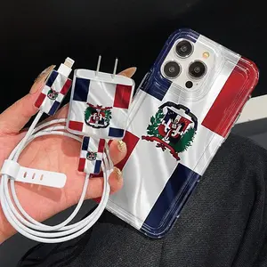 Dominican Republic Flag Pattern Protective Durable Phone Case with Charger Saver & Cable Protector & Storage Rope, Anti-drop Shockproof Protection Phone Case for iPhone, Casing, Cover, Smartphone