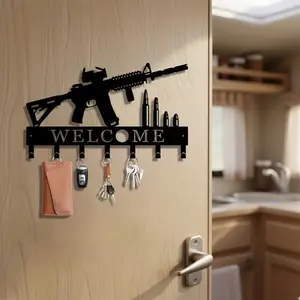 Gun Theme Metal Key Holder with Rifle and Bullet Design, Powder Coated Gun Hook, Wall Mounted Easy Install, Ideal Gun Gift