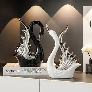 [1 Pair Elegant Ceramic Figurines] 1 Pair Elegant Black and White Swan Ceramic Figurines, Indoor Decorative Statues for Living Room, Festive Ornaments for Christmas, Halloween, Hanukkah, Thanksgiving - No Electricity Required fake  flowers religious home