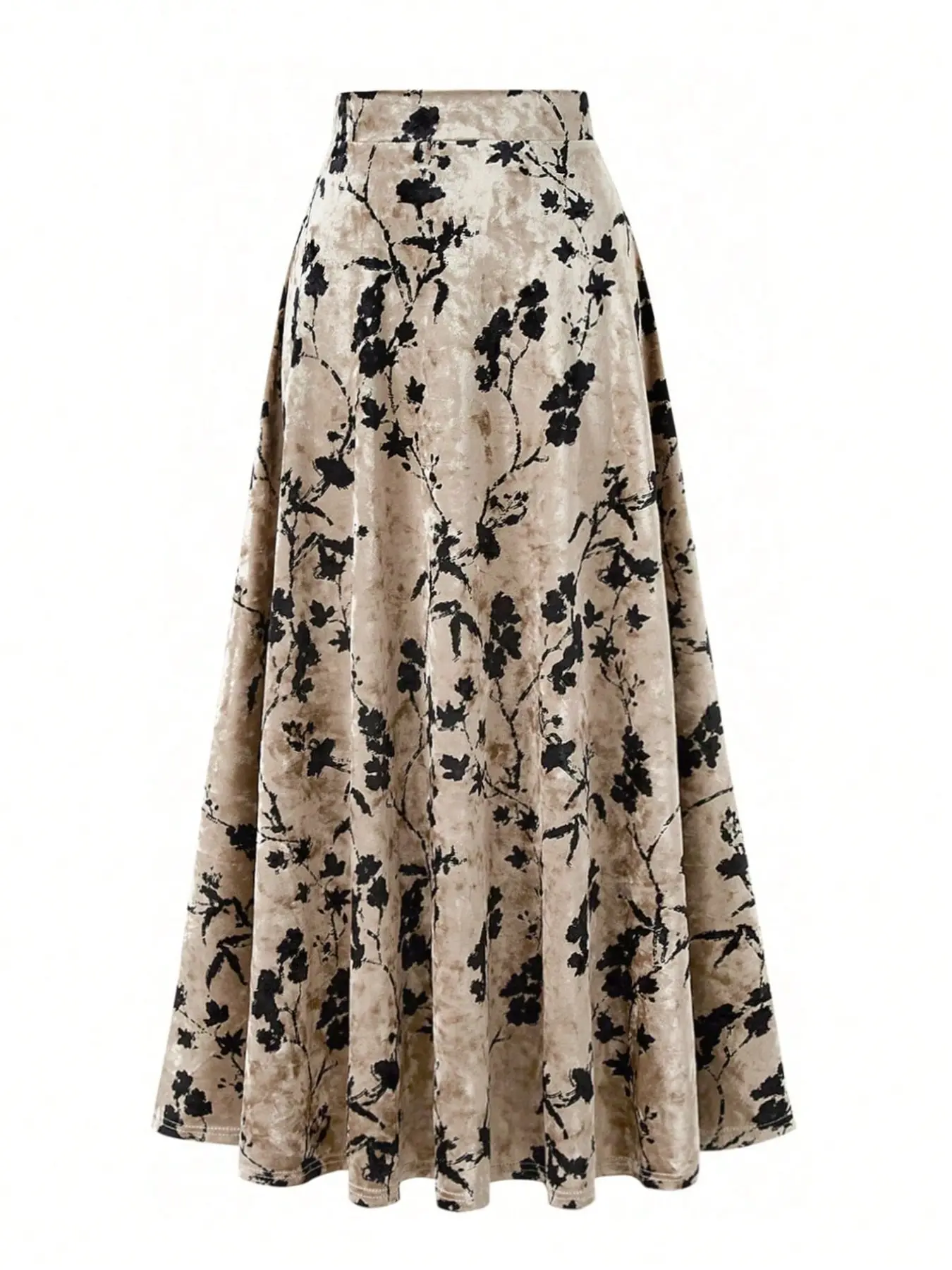 Women's Elegant Velvet Floral Print Umbrella Skirt, Strong Drape Conceals Flaws, Slimming Mid-Length Dress, Office Commute Casual Streetwear