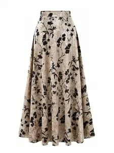 Women's Elegant Velvet Print Umbrella Skirt, Strong Drape Conceals Flaws, Slimming Mid-Length Dress, Office Commute Casual Streetwear