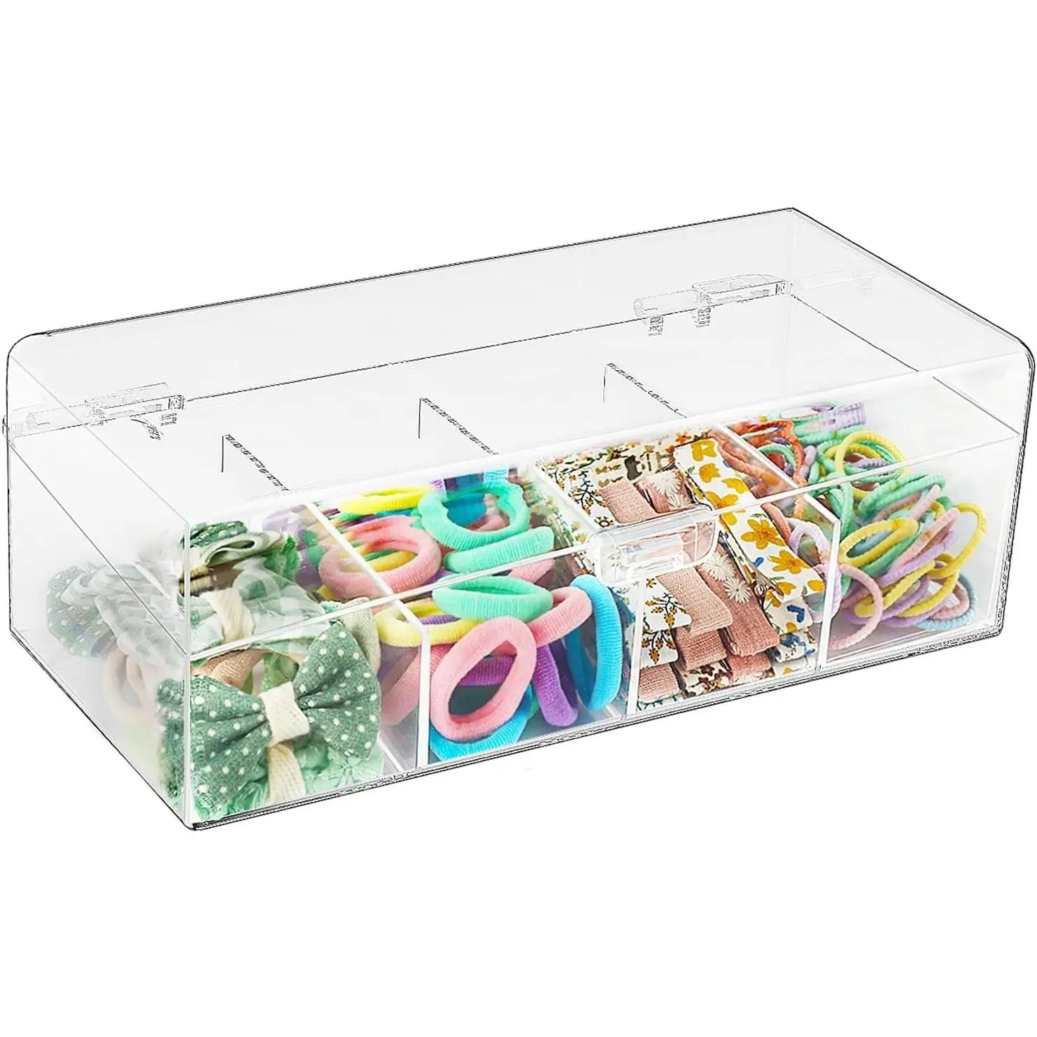 Hair Accessories Organizer for Girls, Acrylic Hair Bow Tie Clip Scrunchie Holder with Dividers, Clear Stackable Storage Box for Bathroom, Bedroom, Vanity Countertop (4 Compartment)