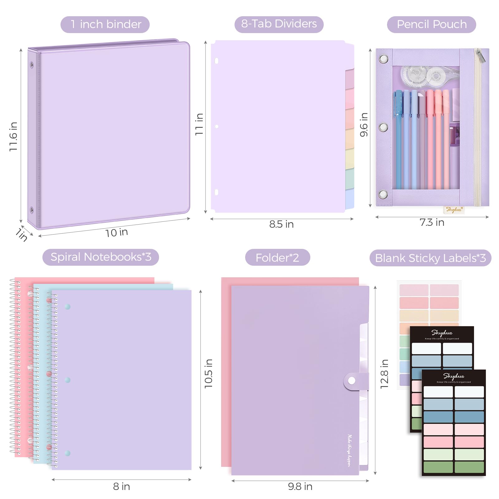 SKYDUE Aesthetic School Supplies Bundle - 1" Binder, 2 File Folders, 3 Notebooks, 8 Dividers, Pencil Pouch - Classroom Supplies, Office Study Materials for Back to School Essentials,back to school haul,college school supplies,back to school shopping