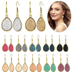 12 Pairs Faux Druzy Drop Earrings Crystal Pendant Dangle Multicolor Stainless Steel Earring for Women Christmas Party Fashion Jewelry Decor Ornaments