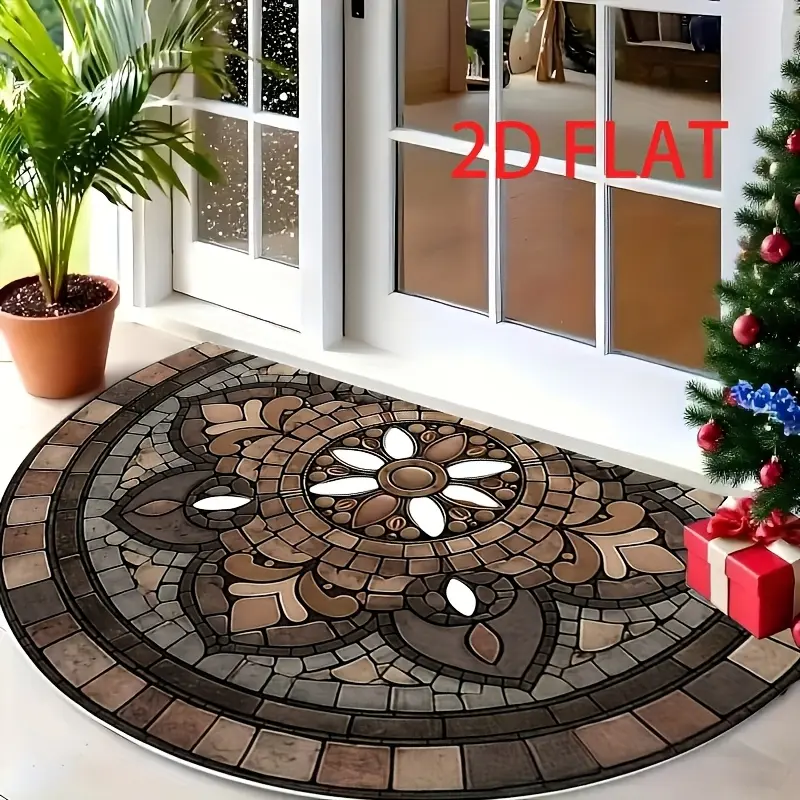 2D Flat - 1pc Fleece Mat | Home Decor Rug, Semicircular, 10Mm Thick, 450G/M2, Machine Washable Rugs, Decorative Pattern, Suitable for Bedroom, Living Room, Study, Balcony, Game Room, Ideal for Christmas Gift