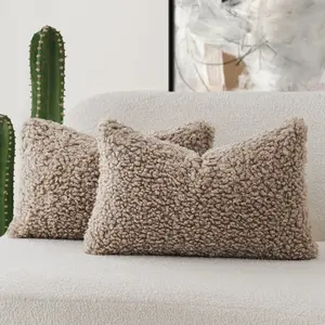 Set of 2 Curly Teddy Wool Pillow Covers Decorative Boucle Textured Lumbar Throw Pillow Faux Fur Pillowcases Sheepskin Cushion Case For Sofa, For Bedroom, For Car 12"x20" Khaki