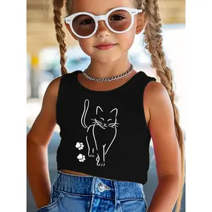 Girls' Summer Sleeveless Tank Top with Elegant Cat Print & Applique Detail - Non- Round Neck Vest, Casual Sports Blouse Suitable for, Playdates, Casual Attire - Hand Washable for to Teen