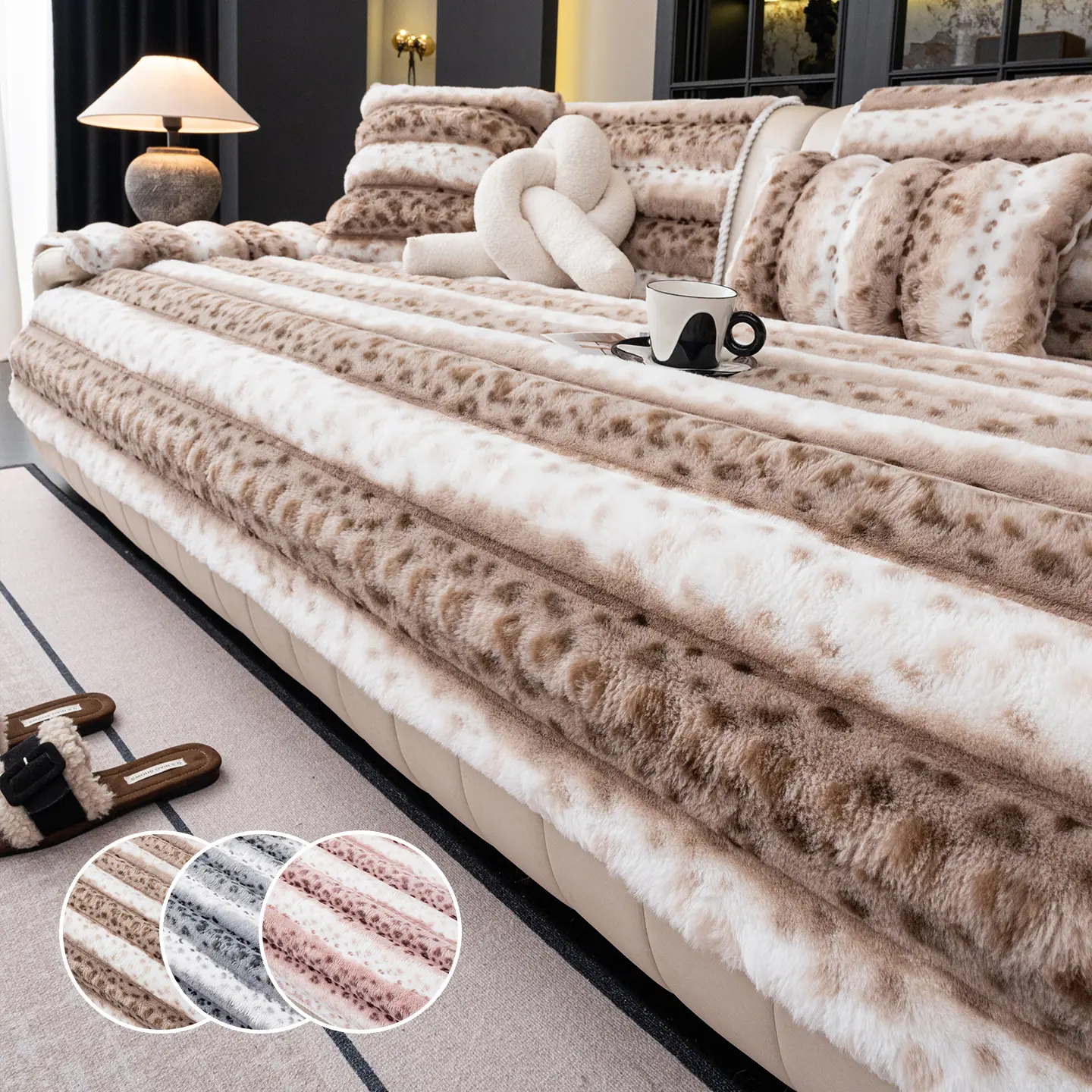 Luxury Leopard Print Rabbit Fur Sofa Cushion, Non-Slip Washable Pet Friendly, Winter Warm Comfort, Living Room Couch Protector, Washable Fur Cover, Reusable Couch Protector, Soft Sofa Protector, Fashion Couch Protector, Decorative Sofa Protector