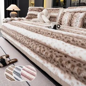 Luxury Leopard Print Rabbit Fur Sofa Cushion, Non-Slip Washable Pet Friendly, Winter Warm Comfort, Living Room Couch Protector, Washable Fur Cover, Soft Sofa Protector