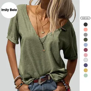 Imily Bela Women Fashion Deep V-Neck Short Sleeve Tops Solid Casual Loose Basic T Shirt M1H049