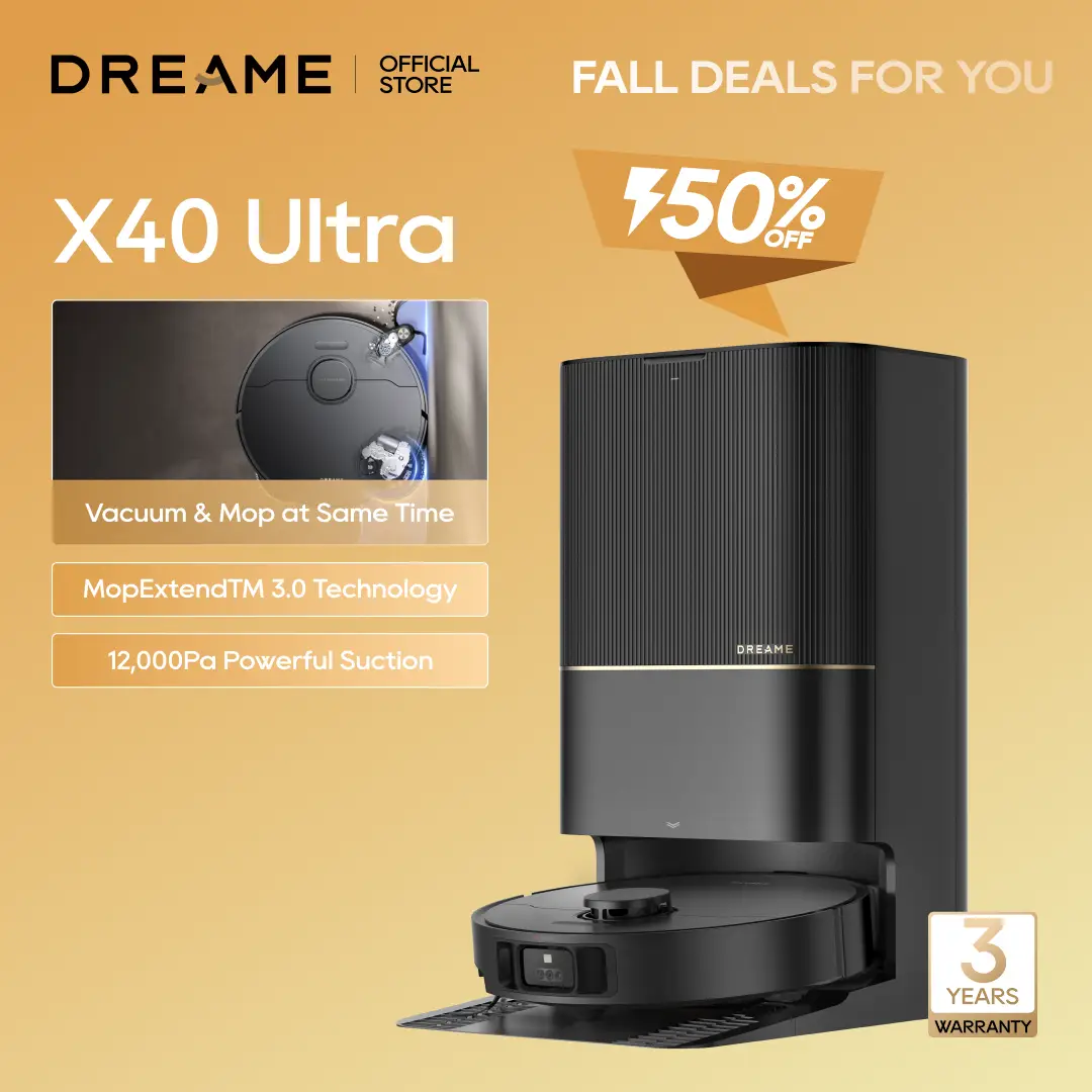 DREAME X40 Ultra Robotic Vacuum with Removable & Liftable Mop, 12,000Pa Suction, SideBrush Extensive Cleaning, 158°F Mop&Washboard Self Cleaning, Auto