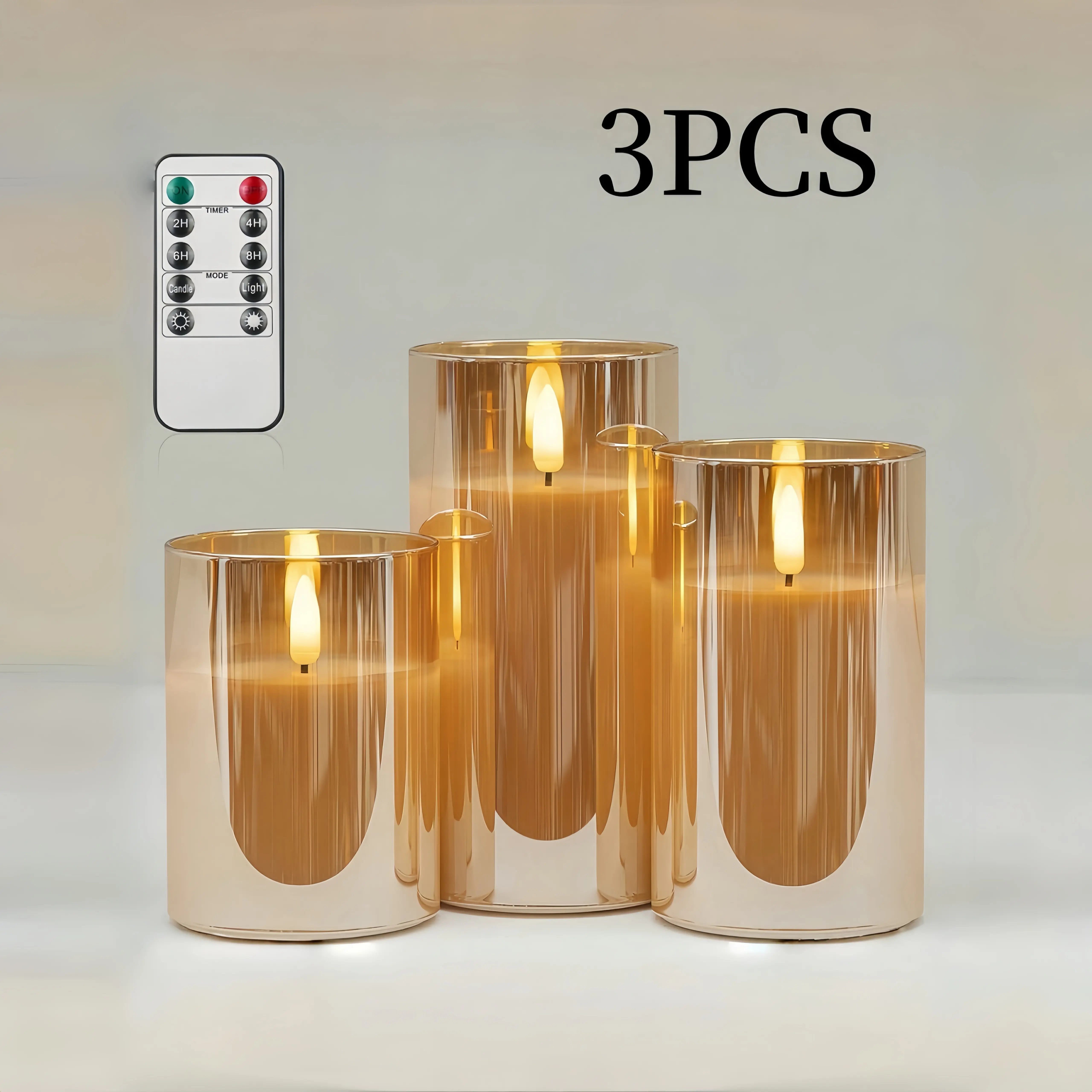 3-piece set LED simulated candle lights, gold acrylic electronic candles, remote control timer + brightness adjustment, ambient lighting for bedroom/living room, warm light swaying flame lights