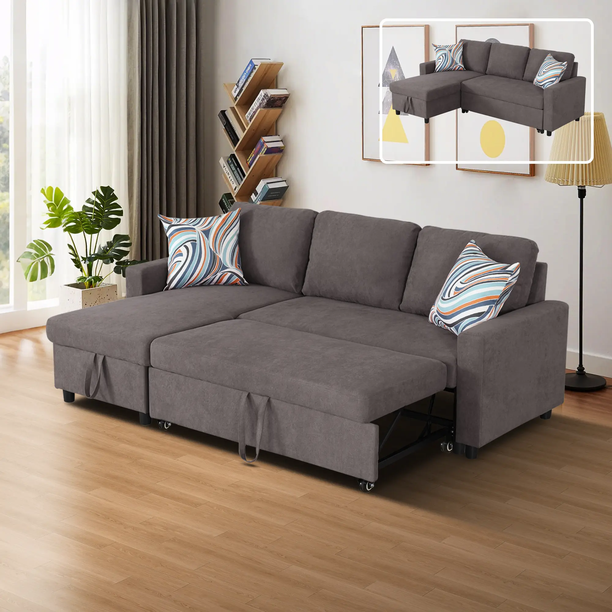 Sturdy 2-Piece Dark Brown Cotton Convertible Sofa Bed - Modern Indoor Living Room Couch with Fixed Arms, Fluffy Cozy Cushion, Seating Option, Assembly Required, No Fire Safety Label