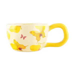 Golden Lion JD Butterfly Cup - Yellow, 10x7.5cm, 330ml Capacity - Unique Ceramic Mug for Coffee & Tea Lovers
