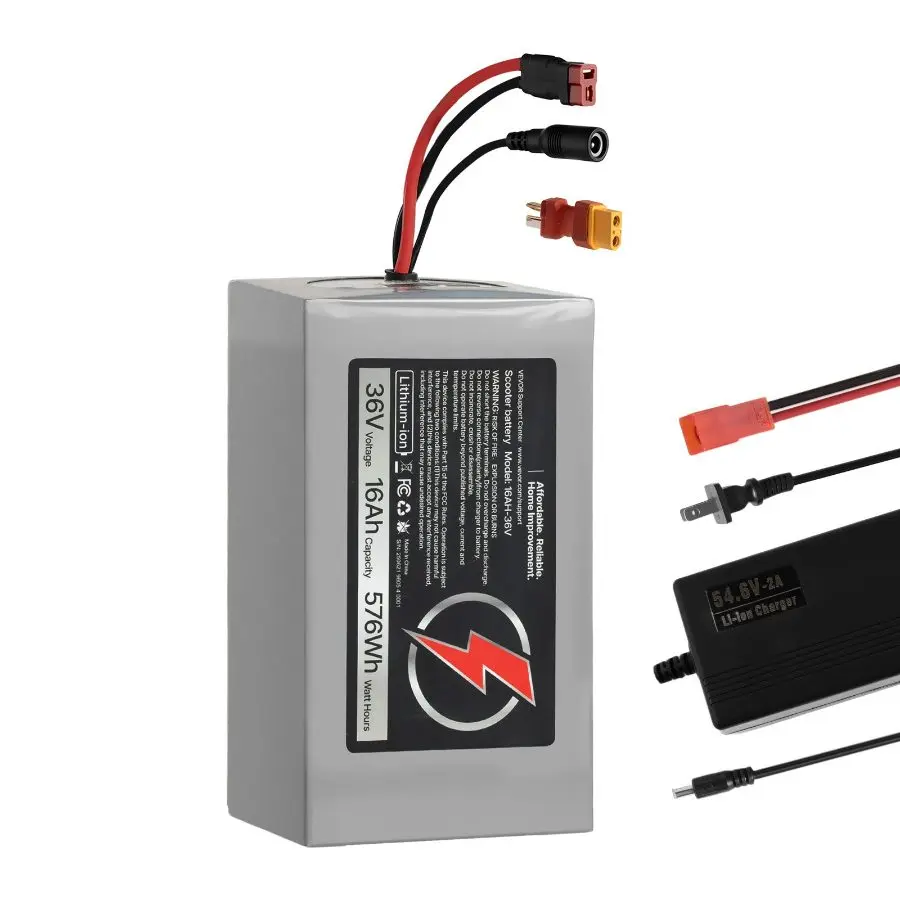 VEVOR High-Capacity 36V Ebike Lithium Battery Pack, 16Ah, 30A BMS, Chargers, T-Plug Expansion Cable, 500+ Cycles, Compatible with 2880W Motors, Battery-Powered for Bicycles, Scooters