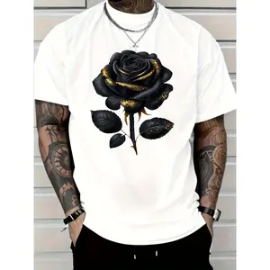 Stylish Black Rose Design Sequin T-Shirt - Men's Casual Printed T-Shirt, Suitable for Daily Wear and Special Occasions