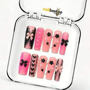 Pink Noir Bow & Floral Mid-Square Press-On Nails, Handmade French Tip Fake Nails, Reusable Acrylic Nails with 3D Flower & Rhinestone