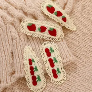 Colorful Knitted Cherry Strawberry Hair Clip, Cute Cartoon Lace Flower Oval Hairpin, Soft Flannel Hair Accessory, Valentine's Day Gift