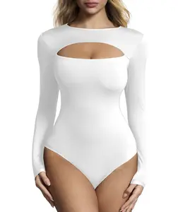 Mobeso Women‘s Round Neck Hollow Out Front Bodysuit Long Sleeve - Double Lined Sexy Basic Top Crew Neck Body Suit Minimalist Womenswear perfect
