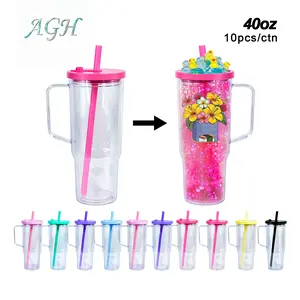 AGH US 10pcs/ctn New Collection 40OZ Double Wall Plastic Snow Globe Tumbler, Leak Proof Design With Bubble Tea Straw, Pre Drilled Hole And Plugs For DIY Snow Globe