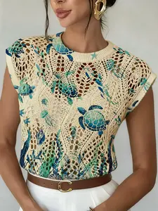 Elegant Women's Ocean Animal Print Knit Sweater, Casual Round Neck Long Sleeve Top, Comfortable Daily Wear for Spring Summer Fall