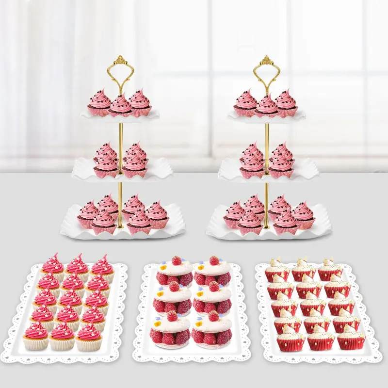 5 Pcs Dessert Table Display Set - 2 X Cupcake Stand Holder/Cup Cake Tier Tower & 3 X Serving Tray Combo for Tea Party, Birthday, Baby Shower (Wave Square)