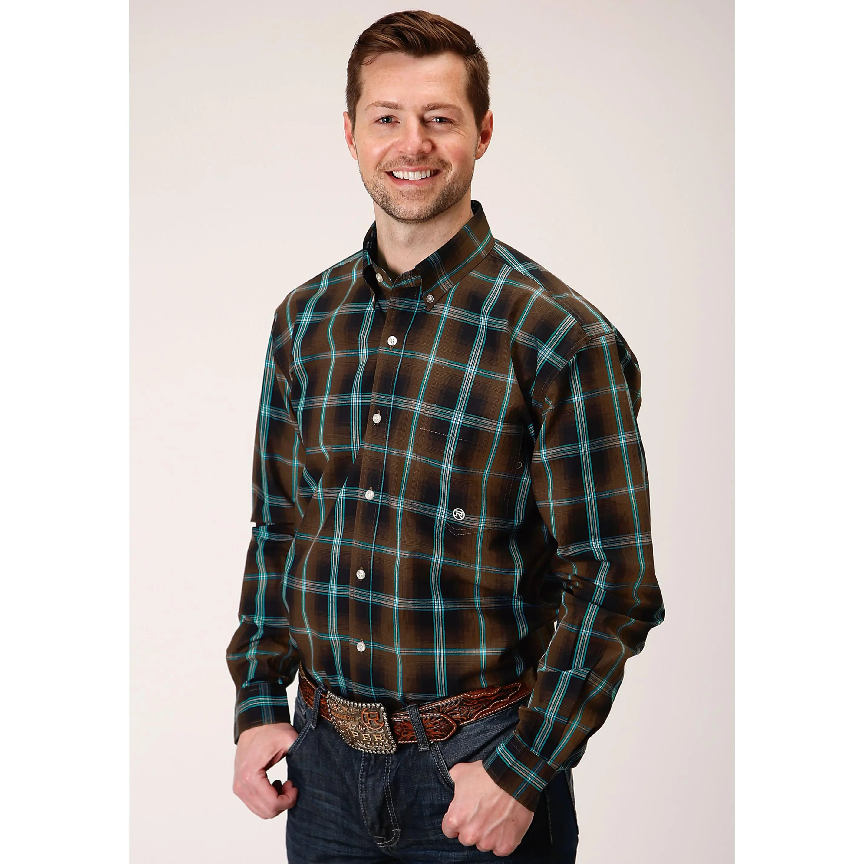 Mens Long Sleeve Button Dark Chocolate Plaid Western Shirt