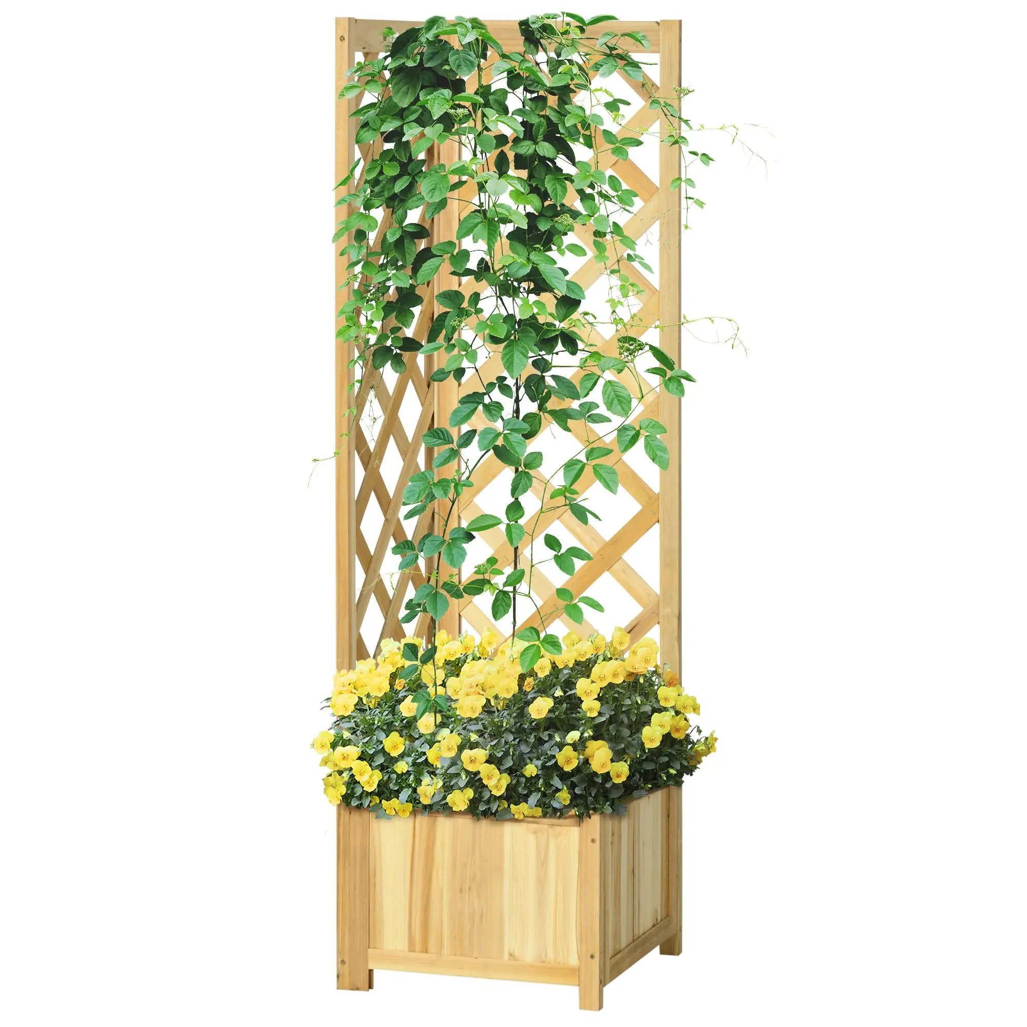 Outsunny Fir Wood Raised Garden Bed with Twin Trellises, 57" Freestanding Corner Raised Planter Box with Hollow Base, Outdoor Vine & Flower Climbing Support, Flower Bed Boxes, Raised Planter Boxes