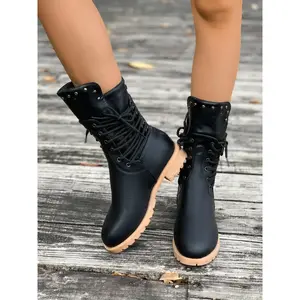 New Trendy Short Boot Plain Color Casual Rivet Lace-Up Ankle Boots, Boots Women Fashion Versatile Skinny Boots, Motorcycle Boots, Round Toe Boot(Sheets)