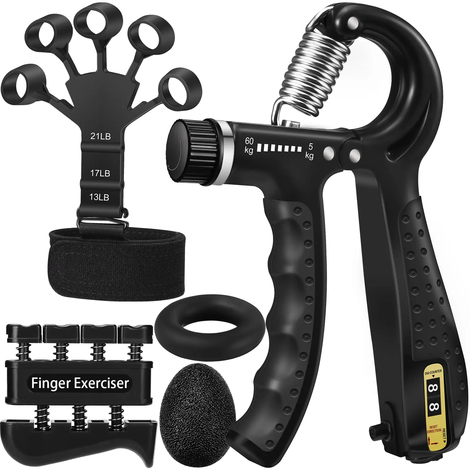 Hand Grip Strengthener Kit (5-in-1) | Grip Strength Trainer with Finger Exerciser, Forearm Strengthener, Stress Relief Ball & Hand Workout Ring for Mu