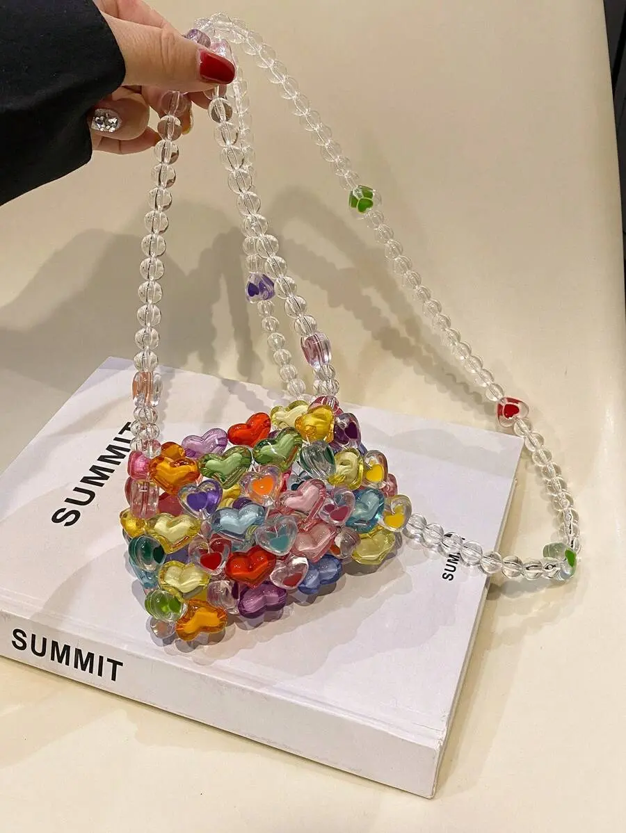 New Colorful Beaded Mini Crossbody Bag For Women, Heart Shaped Knitted Candy Handbag, Crochet Bags
