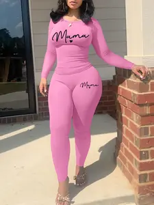 MAMA letter print Women's Fall Winter Fashion Two-Piece Set, Casual Sporty Long Sleeve Top & Pants, No Pocket, Simple Mix-And-Match Sportswear Set