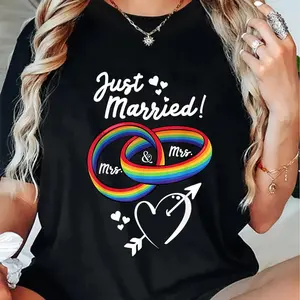 100% Cotton Just Married Mrs & Mrs Gay Lesbian Wedding Engagement LGBTQ T-Shirt Women'S Men'S Graphic Tee