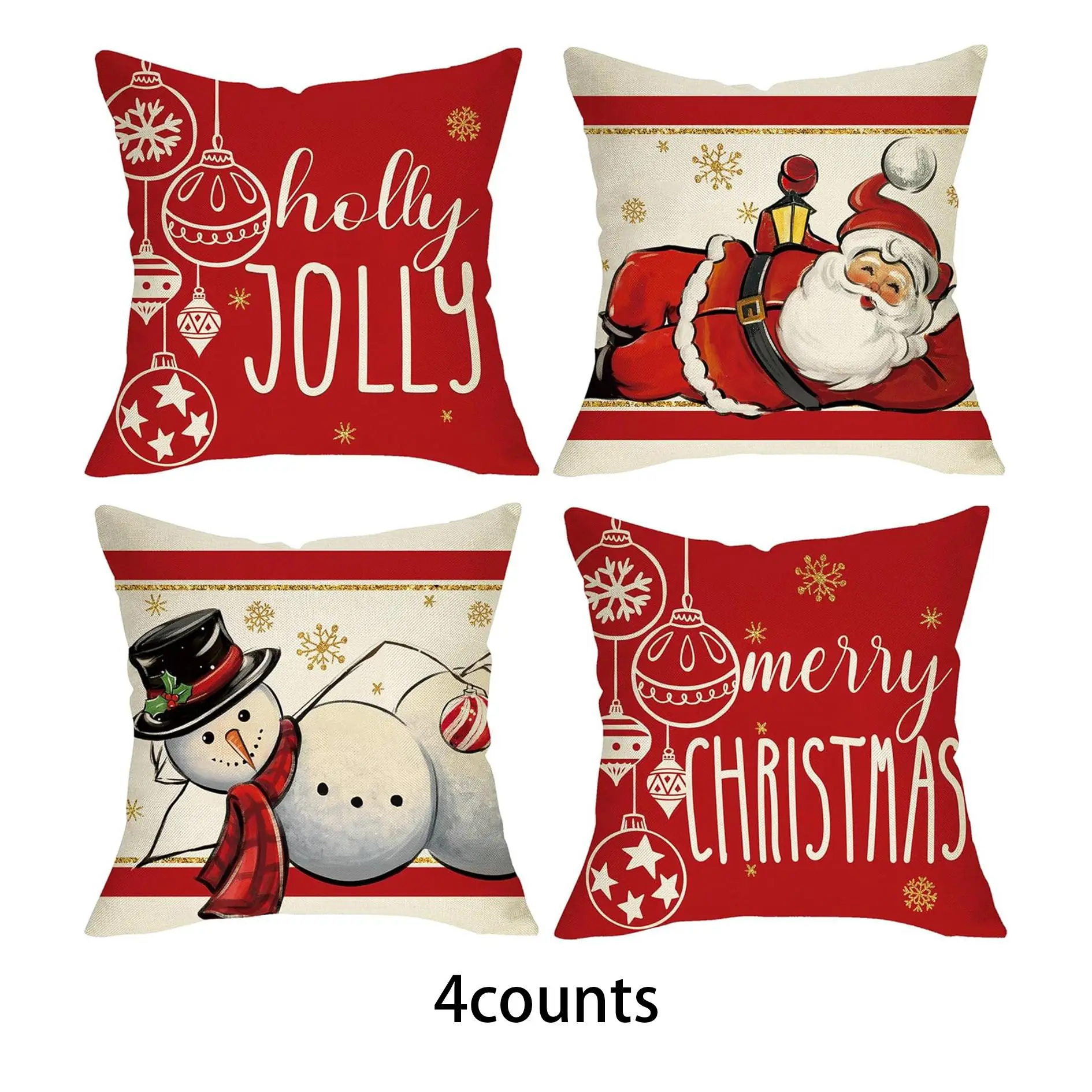 Merry Christmas Themed Pillowcase, 4 Counts/set Santa Claus & Snowman Pattern Cushion Cover without Filler, Home Decoration Supplies for Living Room B