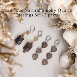 Luxurious Natural Smoky Quartz Earrings Set -2 pairs, stainless steel hooks
