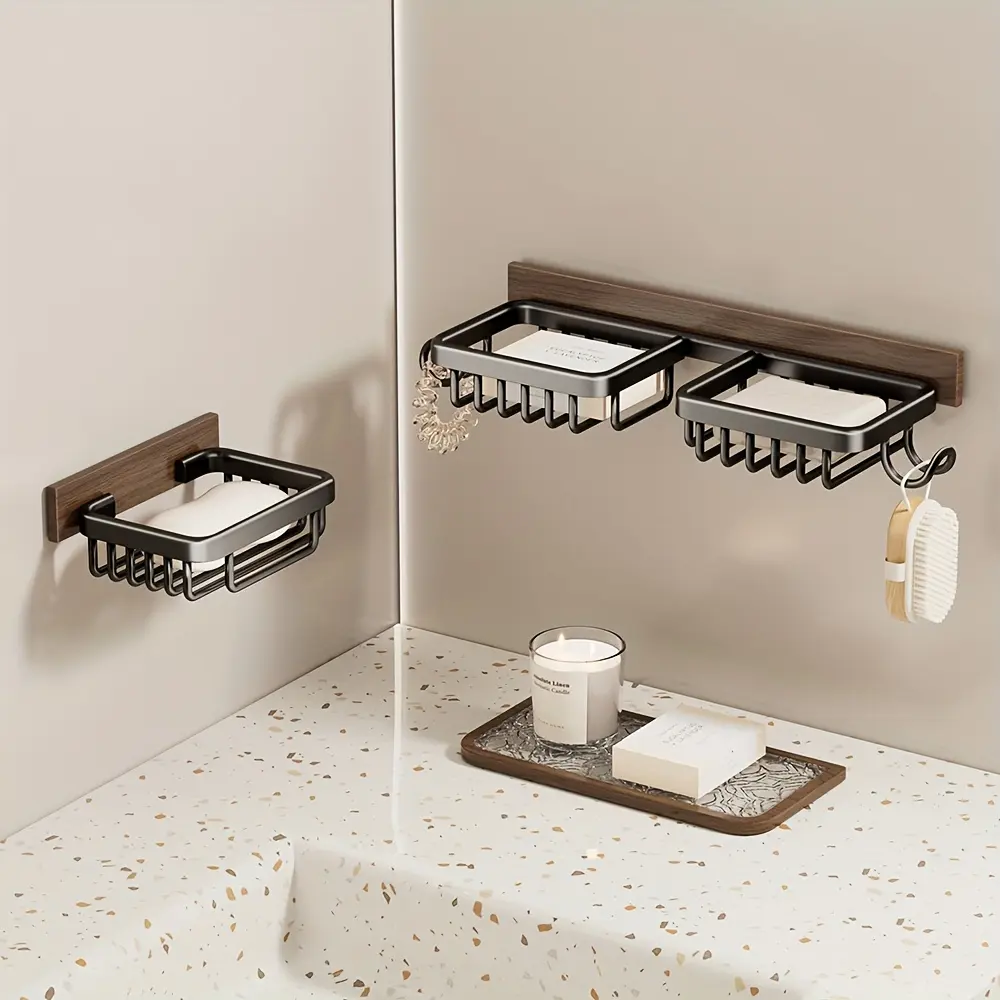 Bathroom Soap Holder Wall Mounted No Drilling, Wood Grain Design, Home Use Balcony Storage Rack, Durable Bathroom Organizer