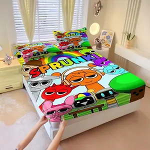 Sprunki Energetic Childlike Cartoon Printed Fitted Sheet Set, Includes 1 Fitted Sheet & 2 Pillowcases without Filler, Bright base with rainbow and cartoon characters, energetic, soft, cozy, breathable, cute and lively.