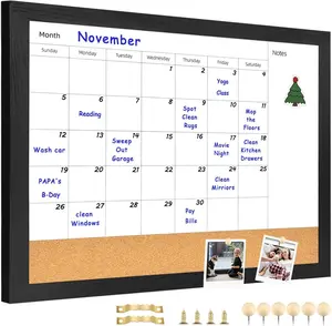 Monthly Calendar Dry Erase White Board & Cork Bulletin Board13" x 17" Black  FrameMagnetic Surface Whiteboard. for Organizing Your Space.Whiteboard+Cork-3343B-BK