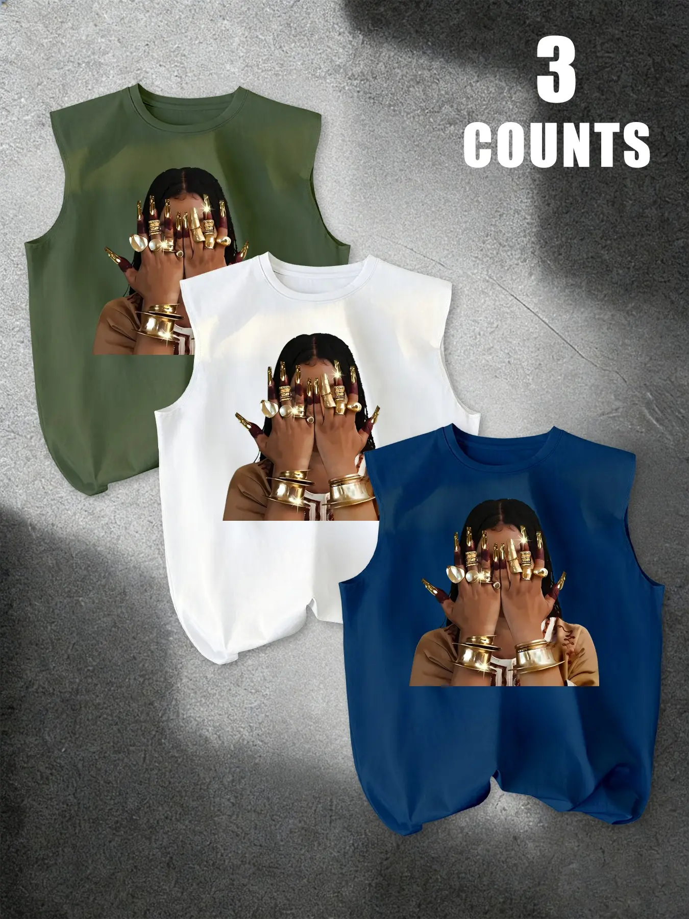 3-Pack Retro Classic Hip-Hop Portrait Print Men's Sleeveless T-Shirts, Comfortable Round Neck Design, Breathable Summer Casual Streetwear