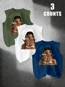 3-Pack Retro Classic Hip-Hop Portrait Print Men's Sleeveless T-Shirts, Comfortable Round Neck Design, Breathable Summer Casual Streetwear