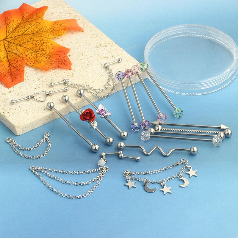 19pcs Industrial Barbell Piercing Jewelry, Stainless Steel Industrial Earrings for Men, Chain Dangle Cartilage Helix Piercing Jewelry