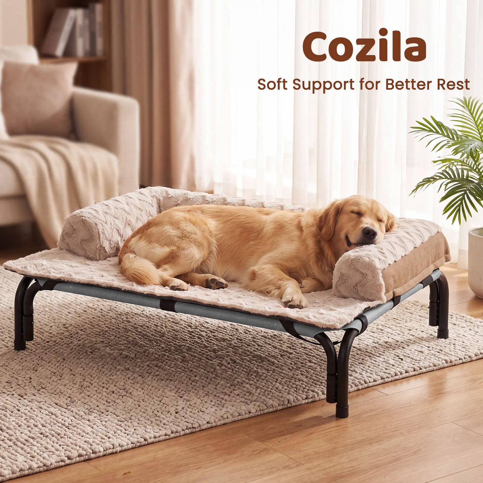 【tiktokshopstockup】Cozila Elevated Dog Bed for Large Dogs Up to 120lb - Teslin Steel Mesh Cooling Mats, Snap-On Removable Plush Mat, Waterproof Durable Frame, All Seasons Indoor-Outdoor Use, Replacement Cover Options