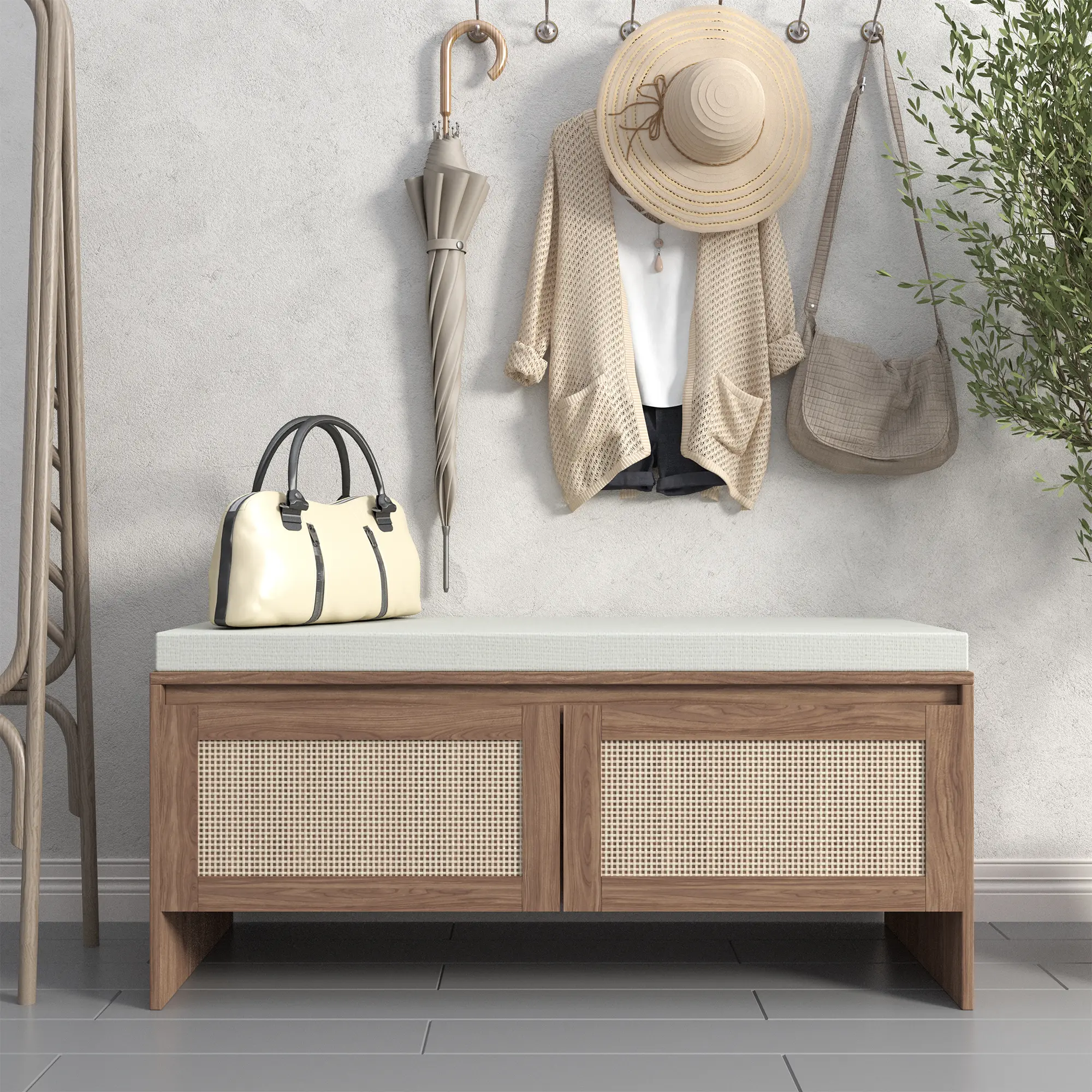 PP Rattan Storage Bench with Cushion - 2-Door Woven Rattan Shoe Cabinet, Mid-Century Modern Natural Wood Entryway Seat, Short Backless Armless Linen Padded Seat, Dust-Proof Spacious Interior, Easy to Remove and Clean, Requires Assembly