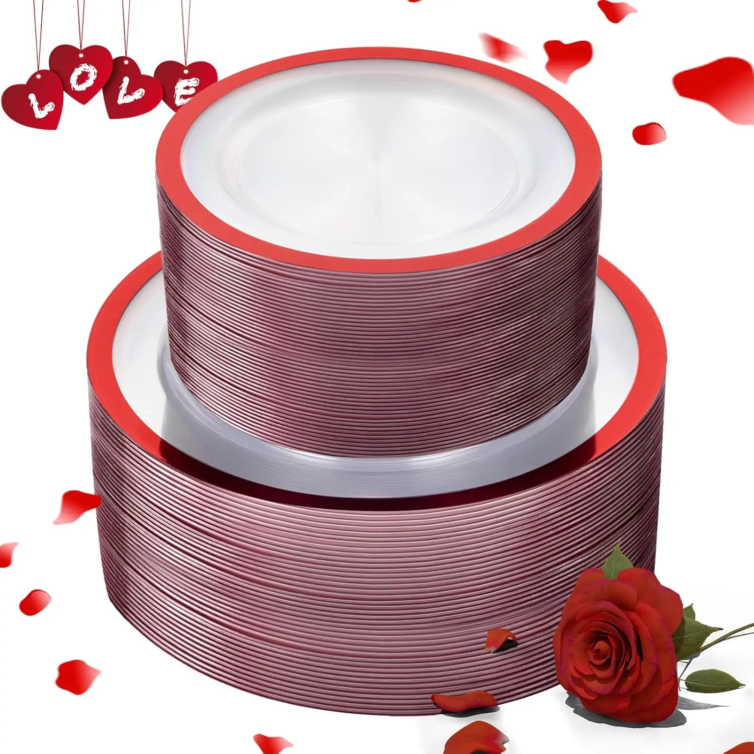 120PCS Red Plastic Plates - Valentines Plates Disposable Heavy Duty - Clear Plastic Plates Set Include 60 10inch Plastic Dinner Plates and 60 7inch Plastic Dessert Plates for Valentine’s day