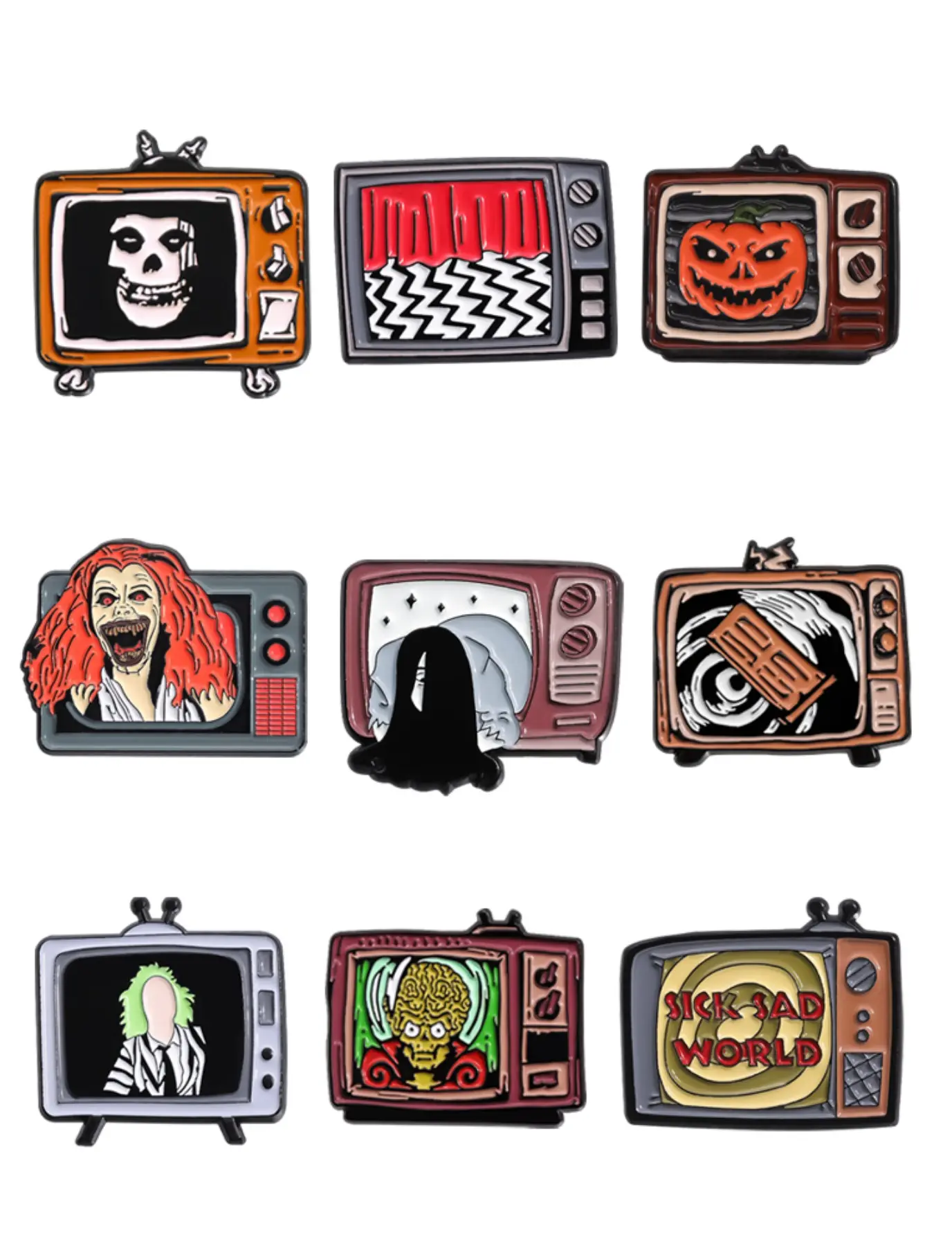 9-Piece Horror TV Enamel Brooch Set, Classic Thriller Theme Skull Pumpkin Head, Retro Punk Alloy Lapel Pins, Fashion Accessory for All Seasons