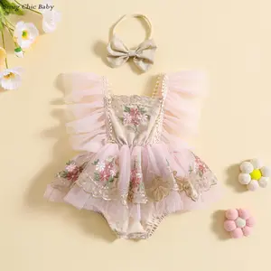 Sweet and adorable two-piece floral embroidered romper set for baby girls - multi-layered tulle ruffled sleeves and lace princess romper, with matching bow headband (0-24 months)